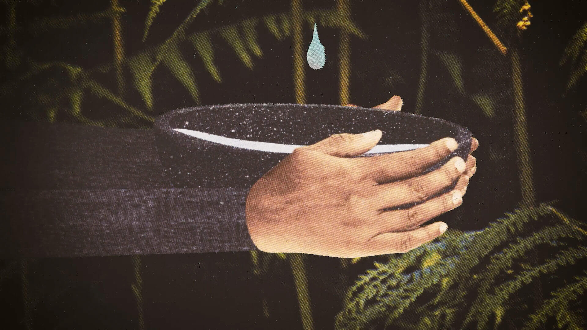 Illustration à la texture artisanale, avec des mains recueillant de l’eau dans un bol entouré de végétation.