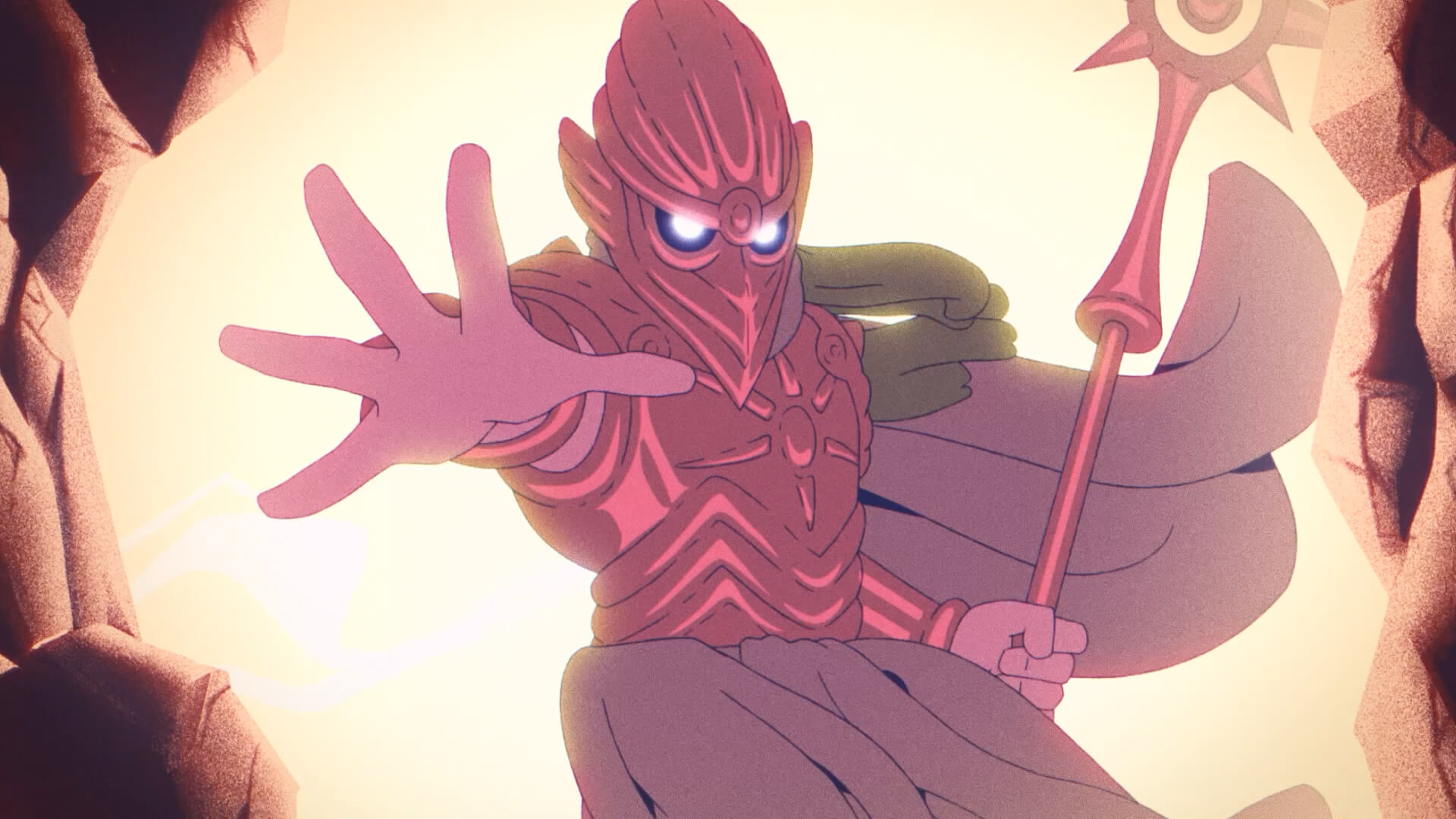 Illustration digitale de style fantastique, avec une figure puissante au premier plan et lumière vive en fond.