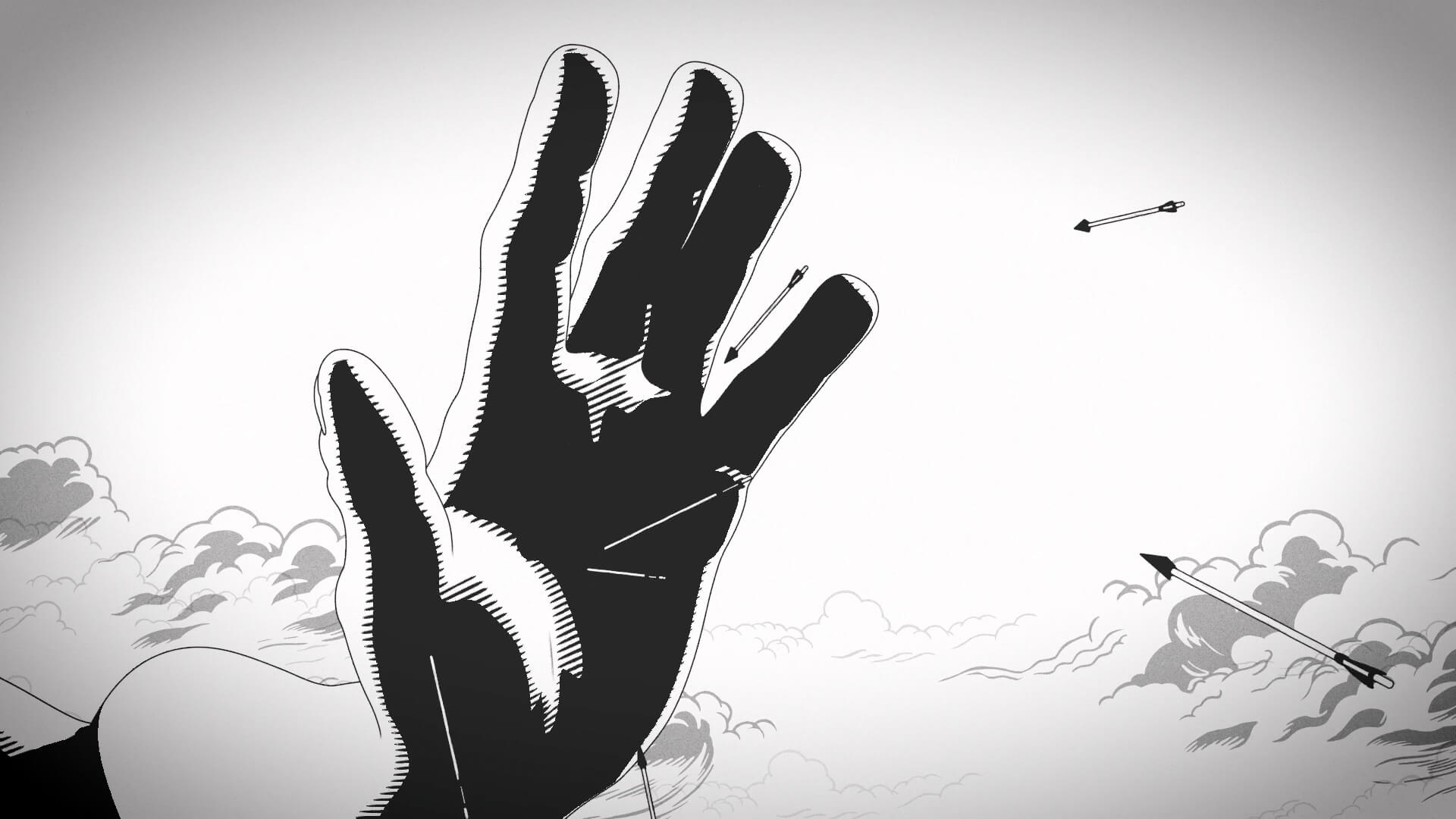 Illustration graphique en noir et blanc, montrant une main géante et des flèches surgissant des nuages.