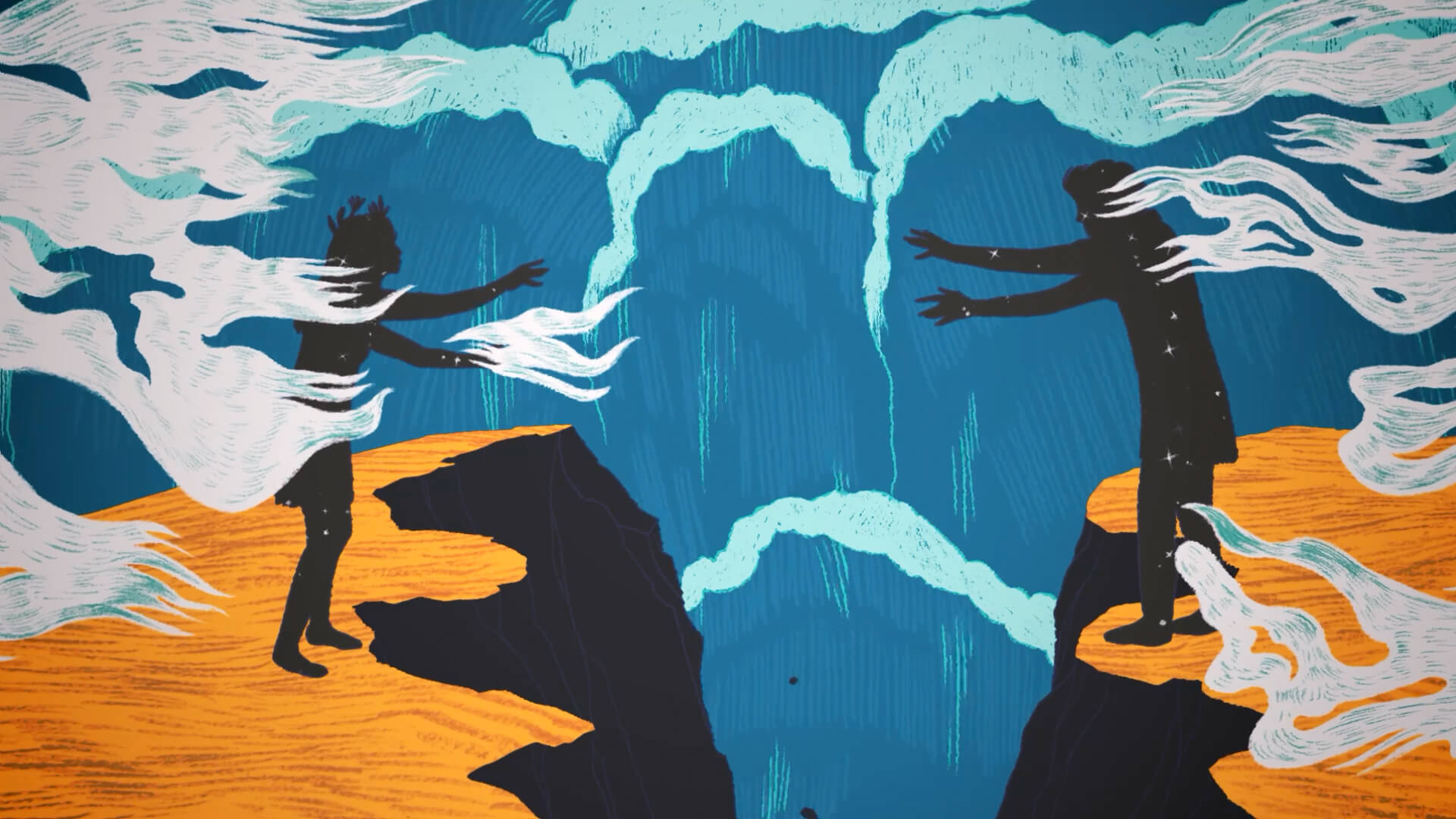 Illustration au contraste élevé, avec deux profils se faisant face de chaque côté d’un paysage scindé en deux.