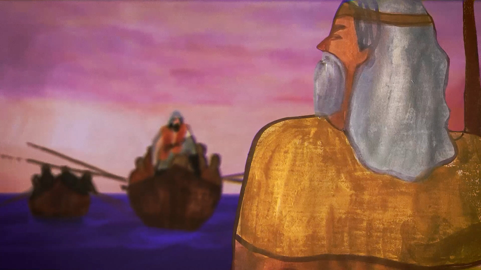 Illustration numérique picturale aux tons chauds, montrant un personnage face à la mer et à des bateaux.