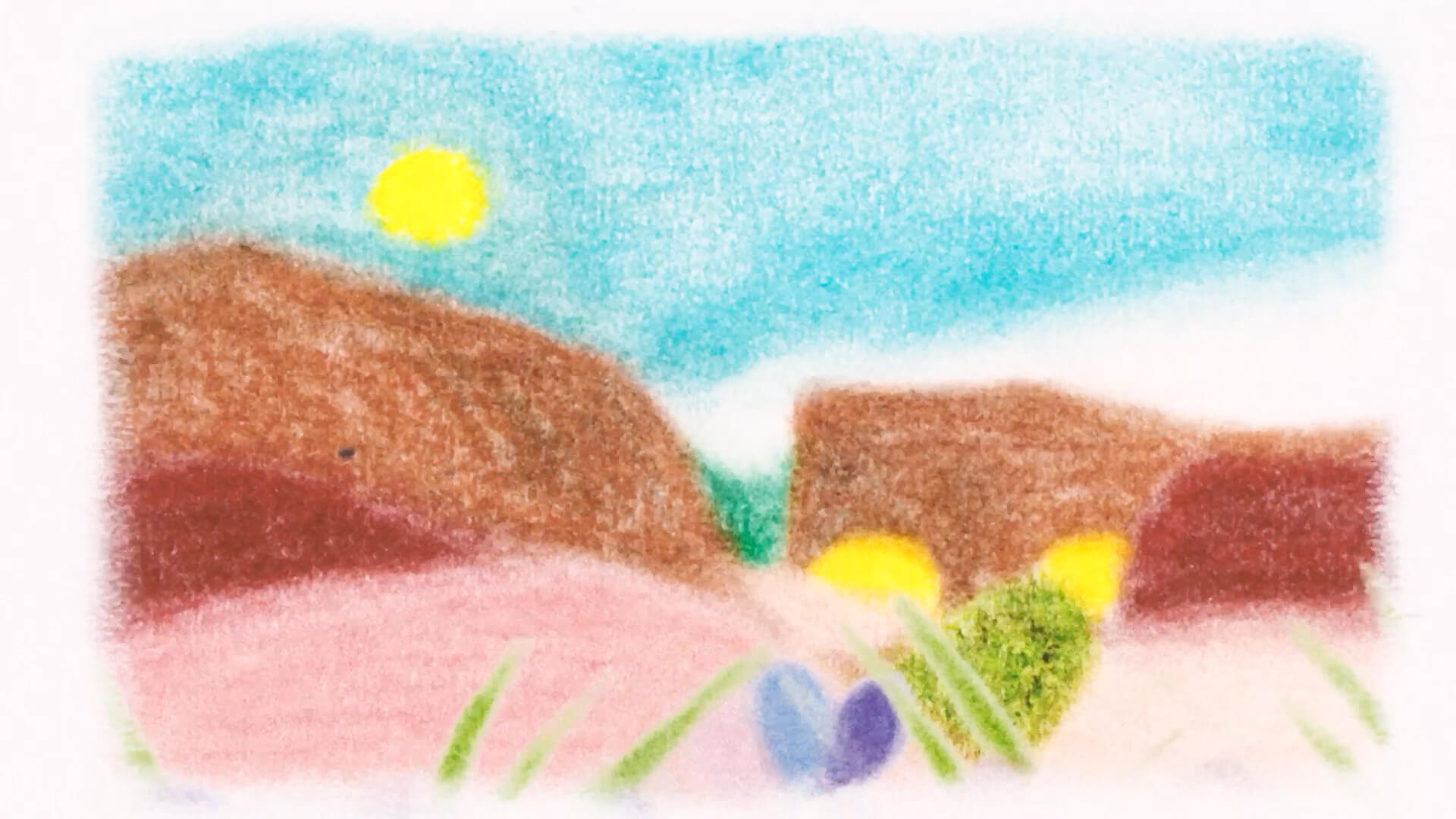Illustration en pastel représentant un mur dressé dans un paysage traversé par une faille.