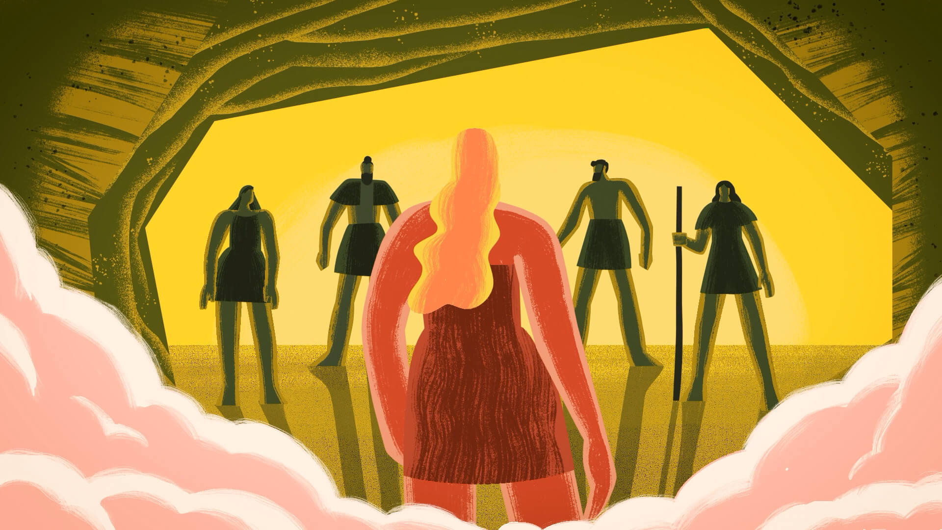 Illustration graphique d’une grotte, avec des personnages alignés face à la princesse entourée de fumée.