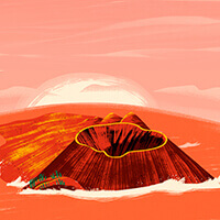 Ilustración digital de estilo pictórico, con trazos expresivos que representan un volcán en tonos cálidos.