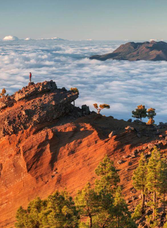 La Punta de Los Roques à La Palma, avec ses crêtes volcaniques illuminées, sa mer de nuages et ses pins.