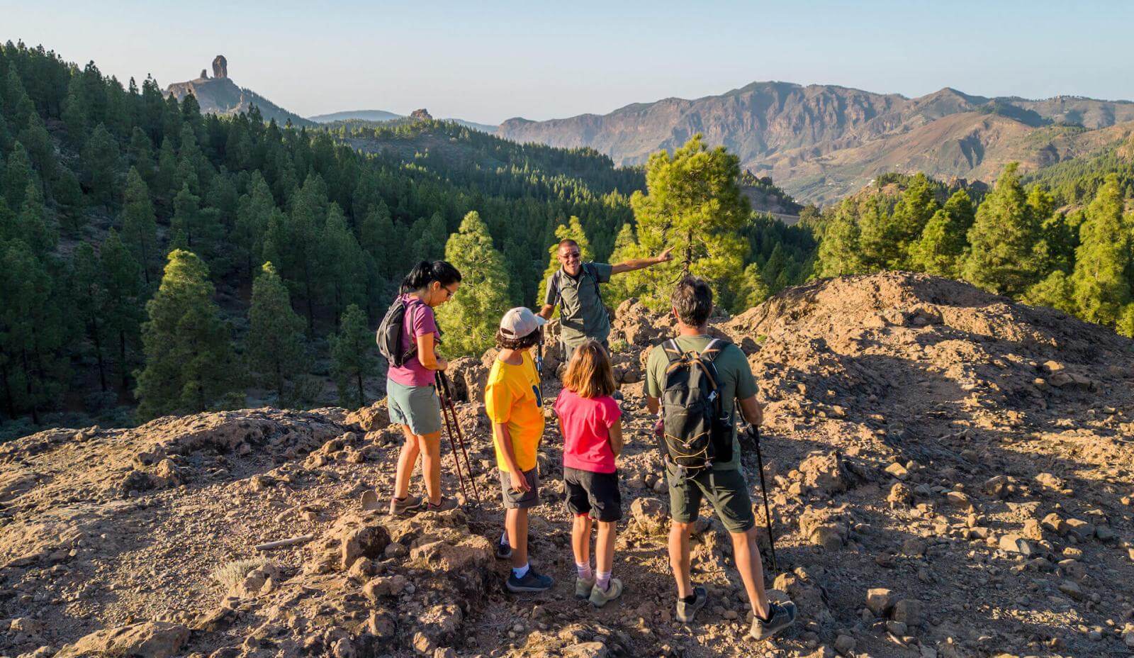 Excursion en groupe dans le Parc rural du Roque Nublo, avec sol rocheux, pinède canarienne et sommet au fond.