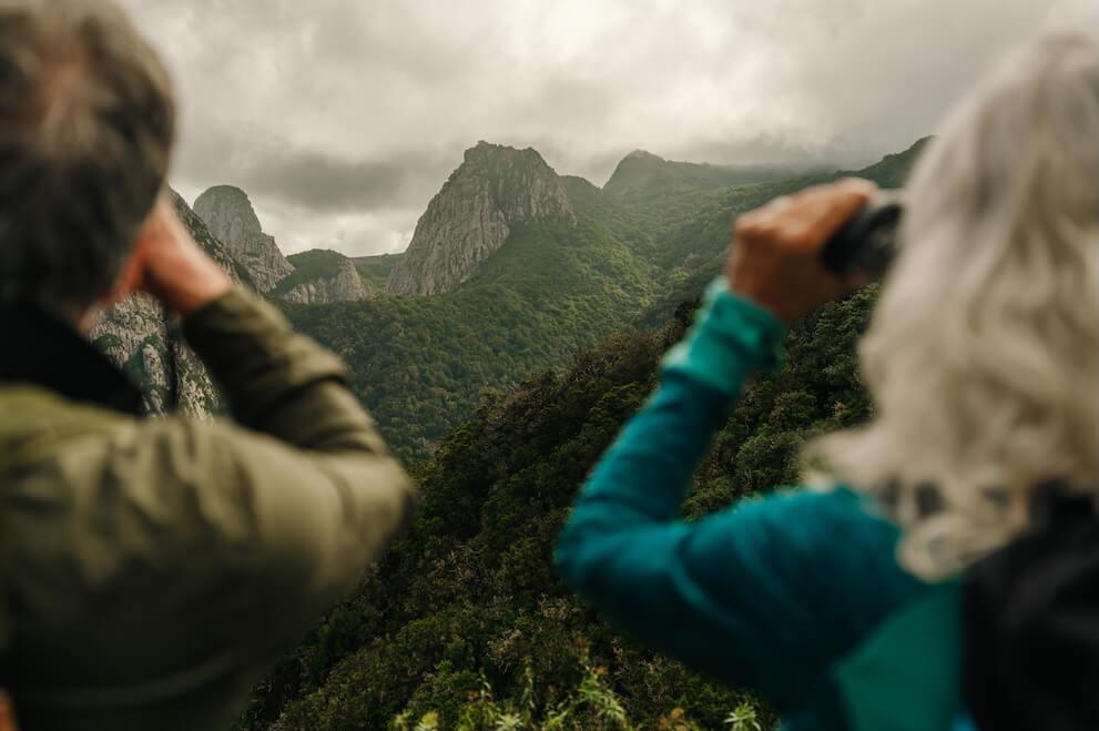 Personnes observant les oiseaux avec des jumelles devant des montagnes boisées sous un ciel nuageux.
