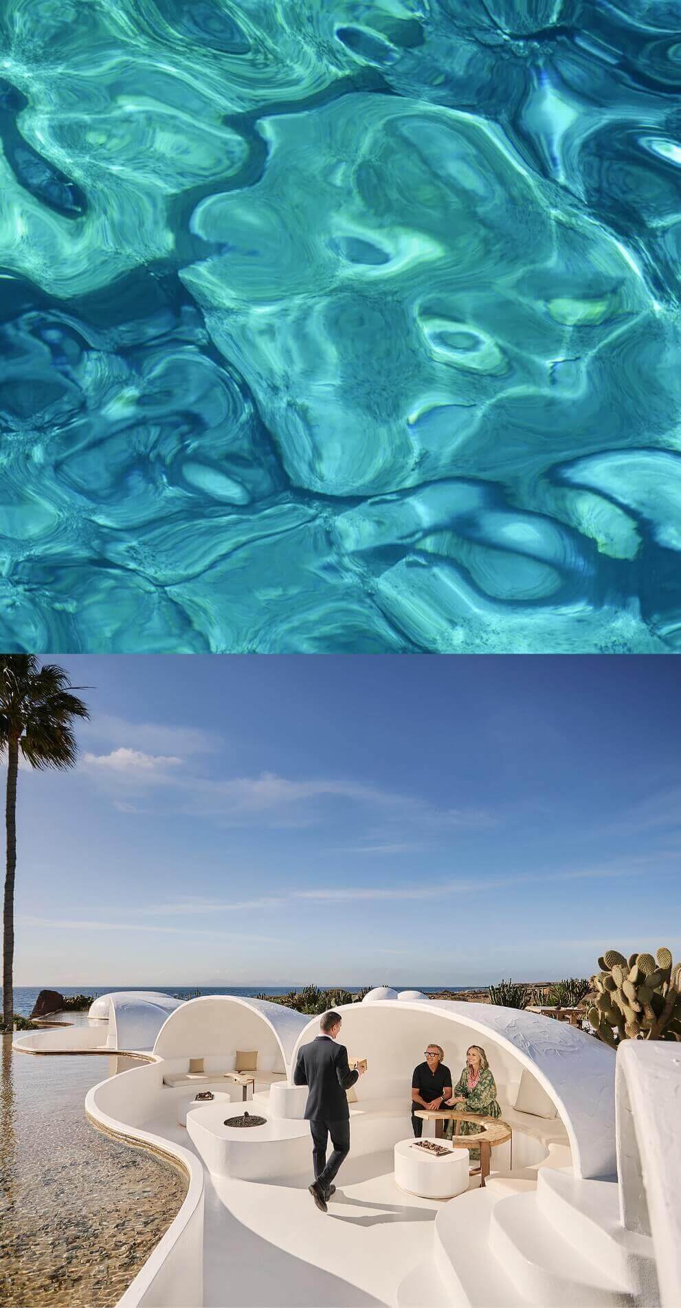 Espace au design organique en bord de mer, avec une architecture blanche, un mobilier aux lignes courbes et des tables basses, où un serveur apporte des boissons dans un cadre exclusif entouré de cactus.