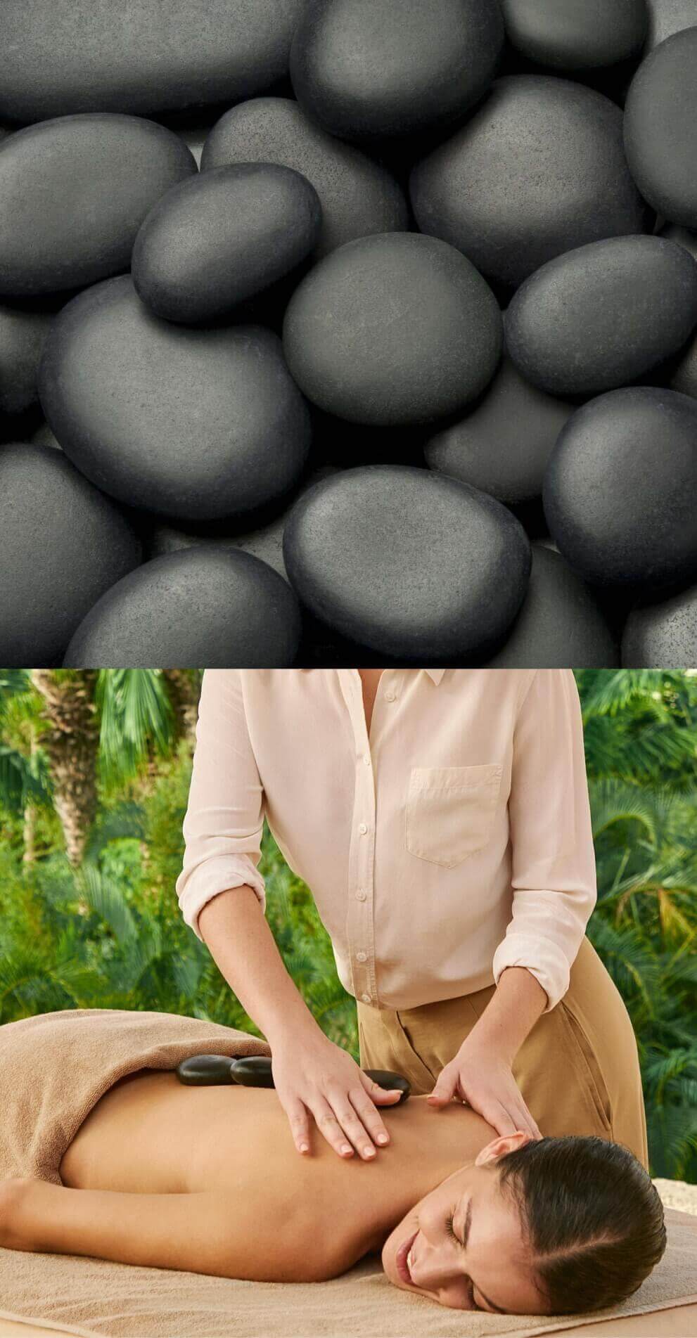 Massage aux pierres chaudes en plein air, entouré de palmiers, axé sur le bien-être et la relaxation naturelle.